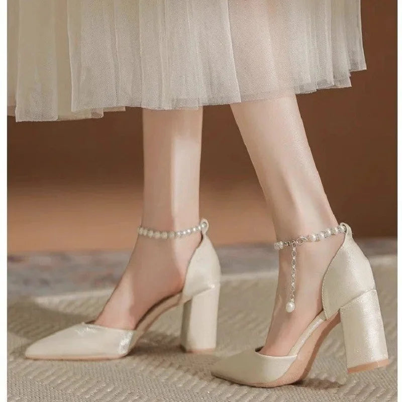 Elegant Pearl Satin Chunky Low Heel Shoes