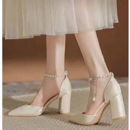 Elegant Pearl Satin Chunky Low Heel Shoes