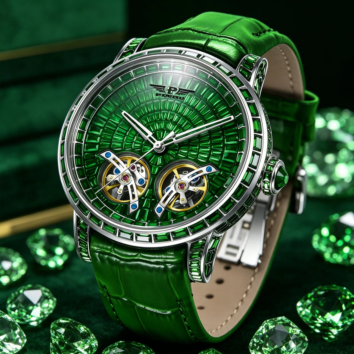 Diamond Mechanical Top Luxury Double Flying Wheel Waterproof Watch Leather