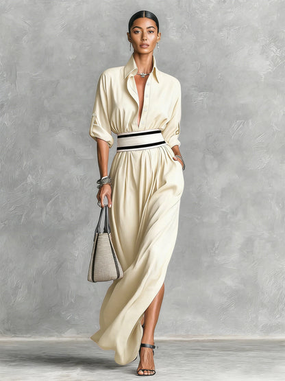 Shirt Maxi with Wide Striped Belt  Roll-Up Sleeve High Slit Elegant Casual Dress