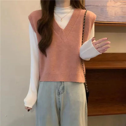 V-neck Knitted Vest Vintage Sleeveless Sweater Waistcoat Korean Chic