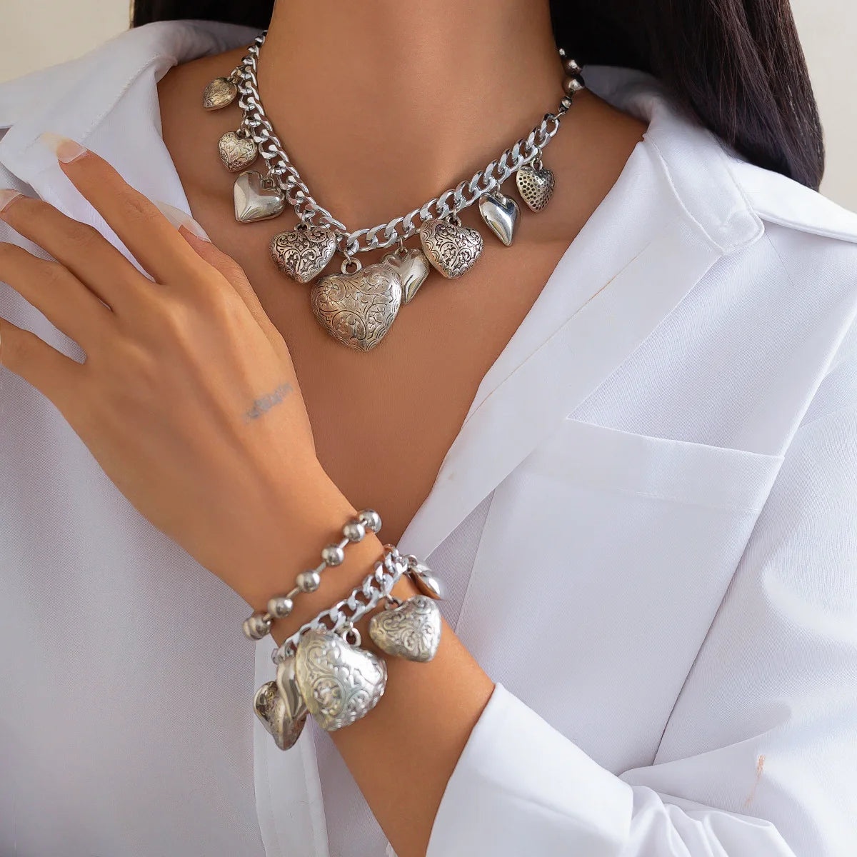Choker Necklaces Punk Heart Hip Hop Jewelry Set