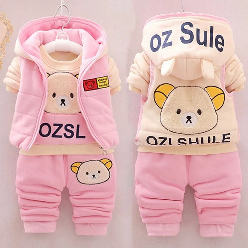 Autumn Winter Warm Baby Girl Suits Kids Vest+Tops+Pants 3Pcs