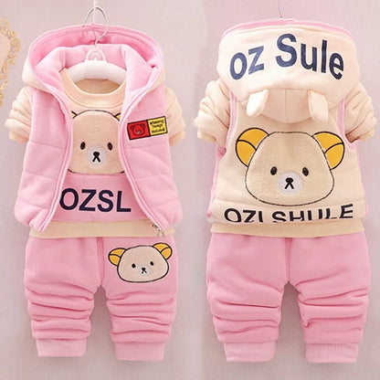 Autumn Winter Warm Baby Girl Suits Kids Vest+Tops+Pants 3Pcs