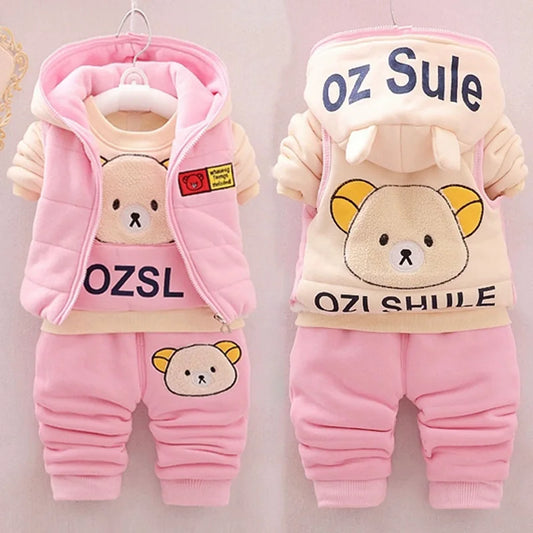 Autumn Winter Warm Baby Girl Suits Kids Vest+Tops+Pants 3Pcs