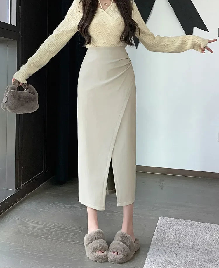 Autumn Winter Front Split PU Leather Long Skirts