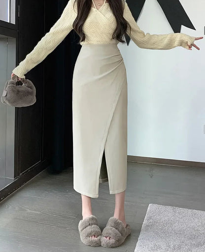 Autumn Winter Front Split PU Leather Long Skirts