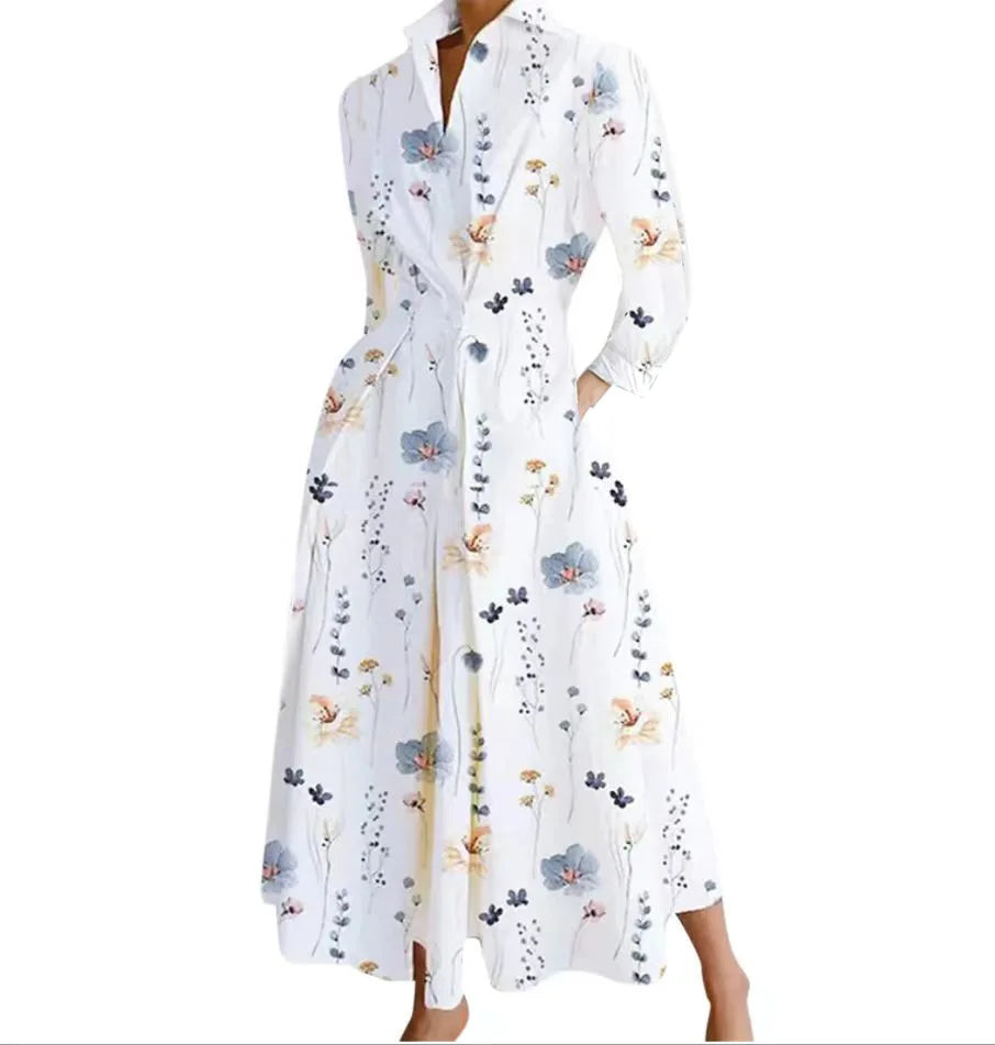 Plus Size Lapel Oil Painting Button Shirt Dress