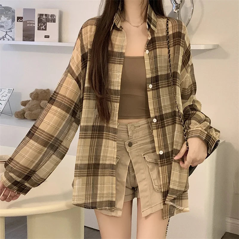 Sheer Chiffon Plaid Oversized Shirt