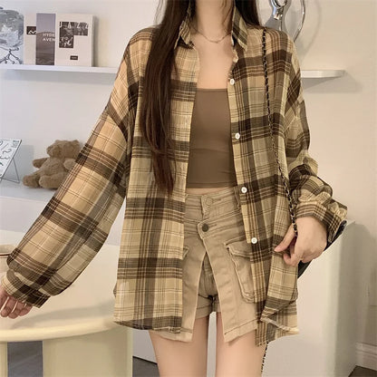 Sheer Chiffon Plaid Oversized Shirt