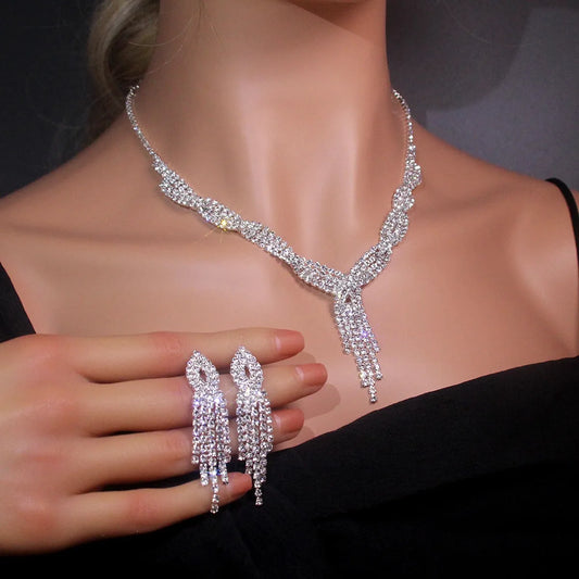 Zircon Stud Stainless Steel Necklace Jewelry Set
