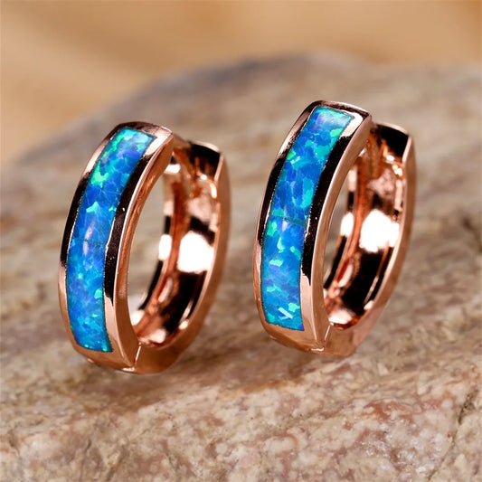 White Blue Opal Classic Small Round Circle Hoop Earrings