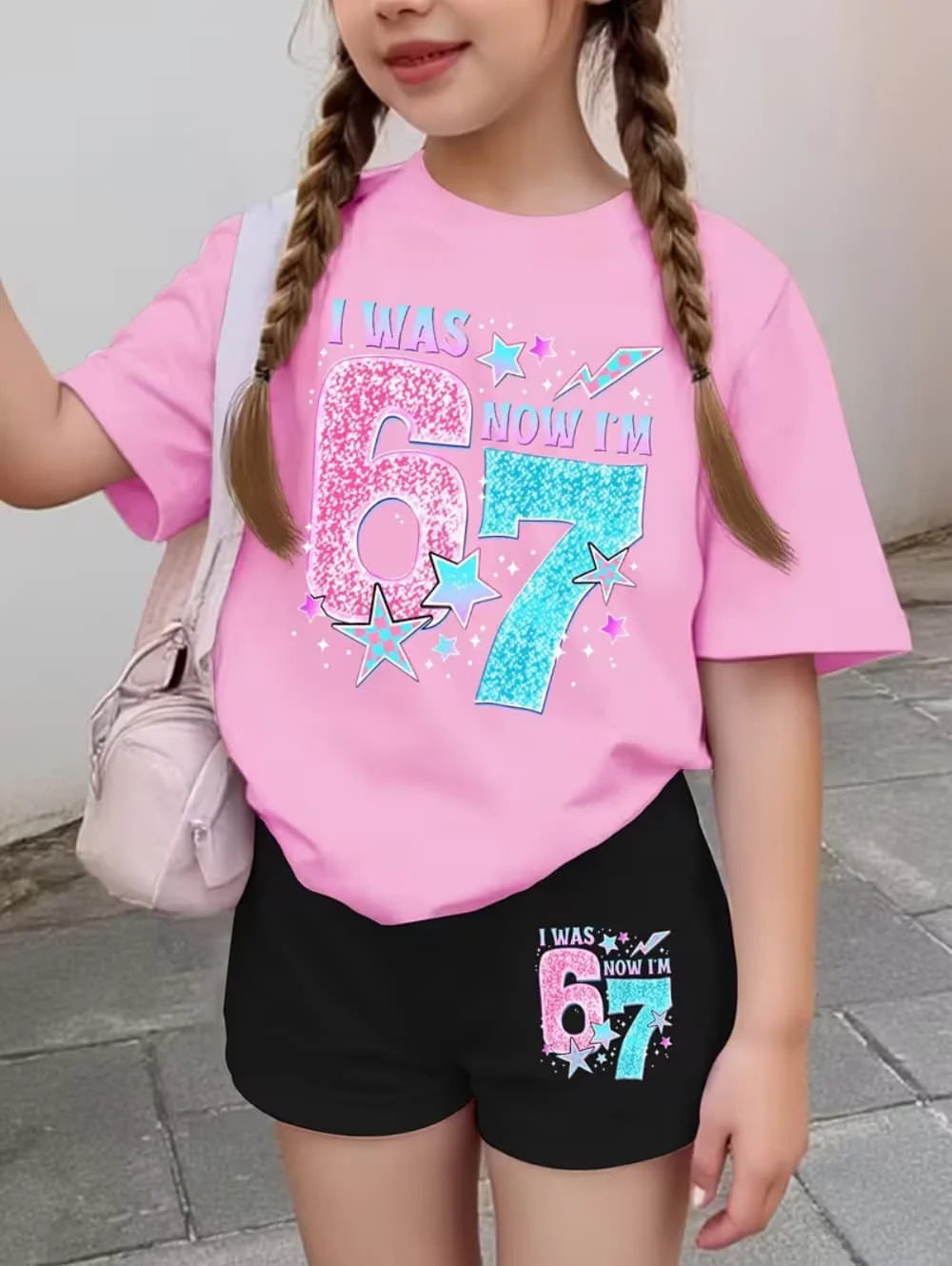 67 Six Seven Cute Bows Flowers Print Short Sleeve T-Shirt Set
