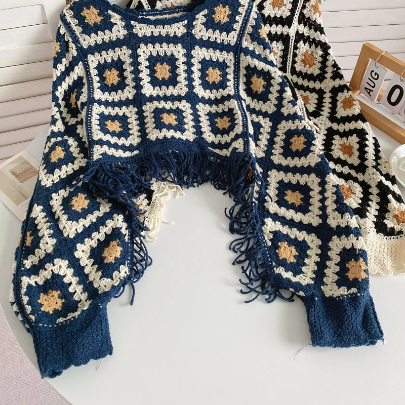 Granny Square Top Fringed Crochet Knitted Top Batwing Sleeve Pullover Sweater
