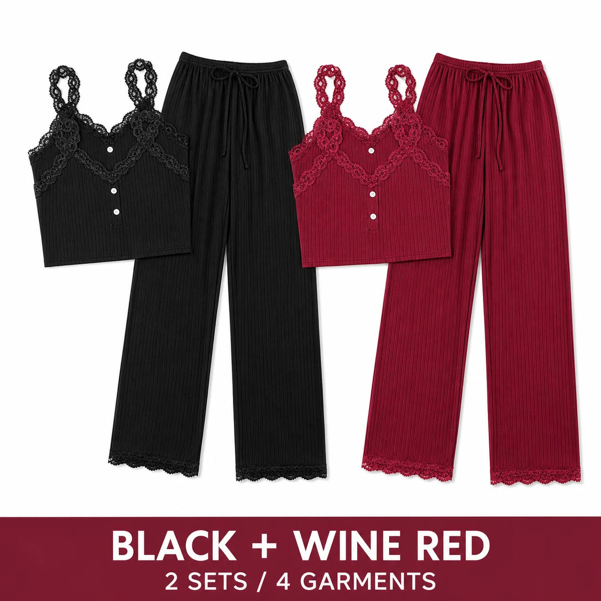 Lace Trim Camisole Tops and Ankle-Length Pants Polyester Elastane Sleepwear Set