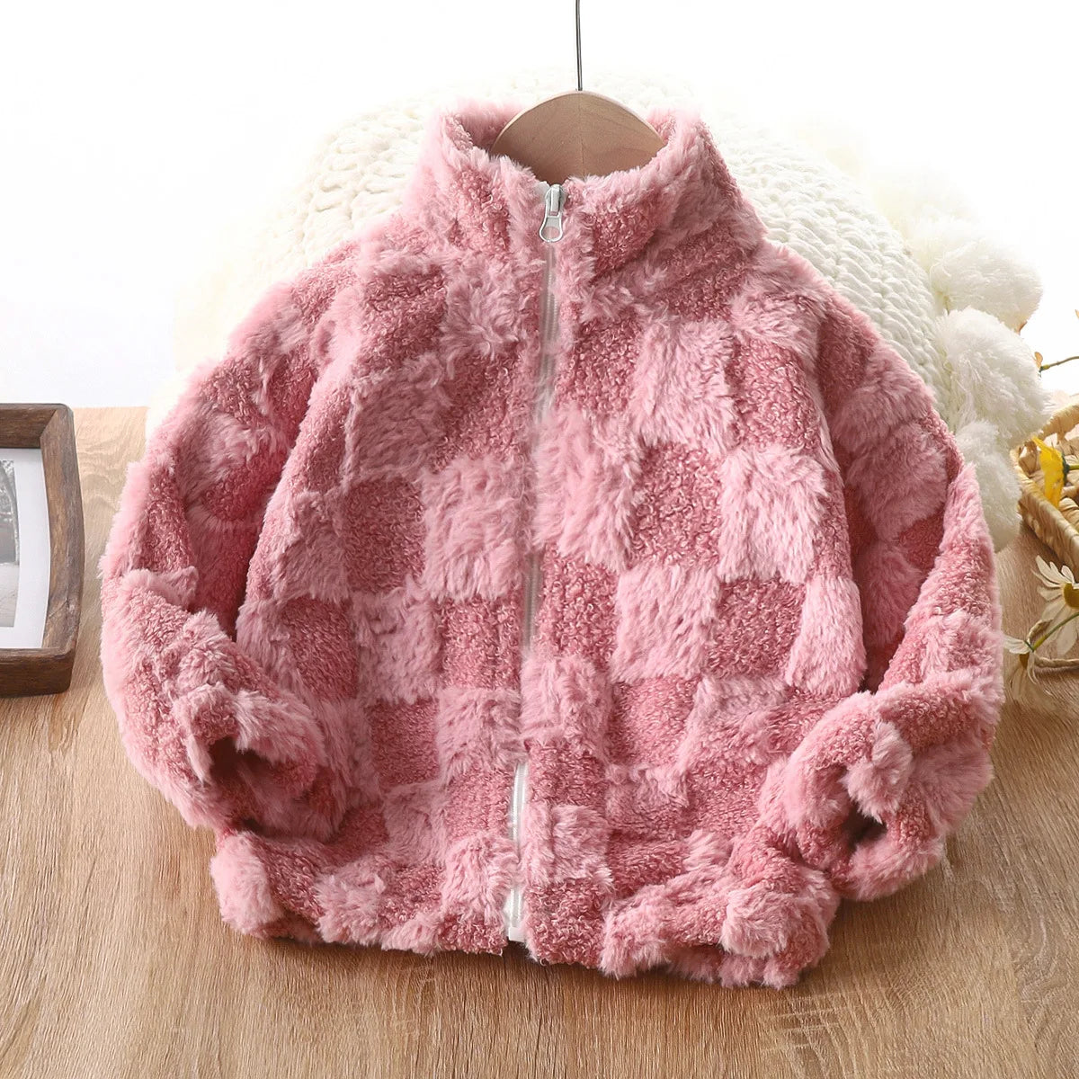 Plaid Pattern Fleece Coat Thick Cardigan with Zipper Stand Cozy Winter Coat