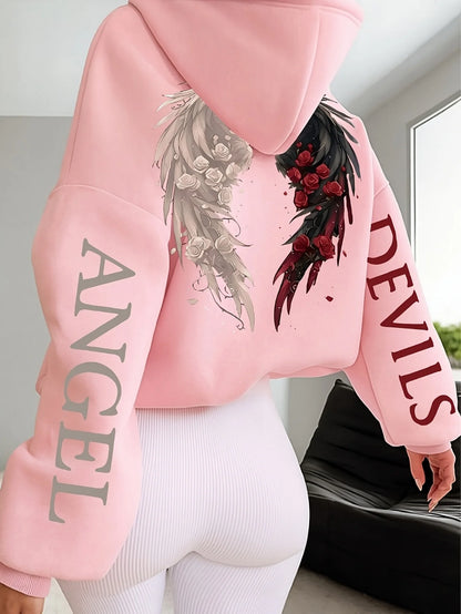 Plus-size Hooded Gothic Angel and Demon Pattern Fleece Oversized Streetwear