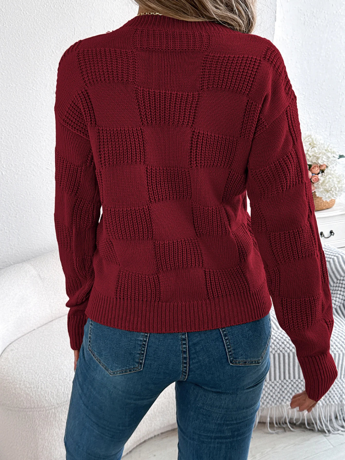 Solid Plaid Round Neck Long Sleeve Knit Cozy Sweaters