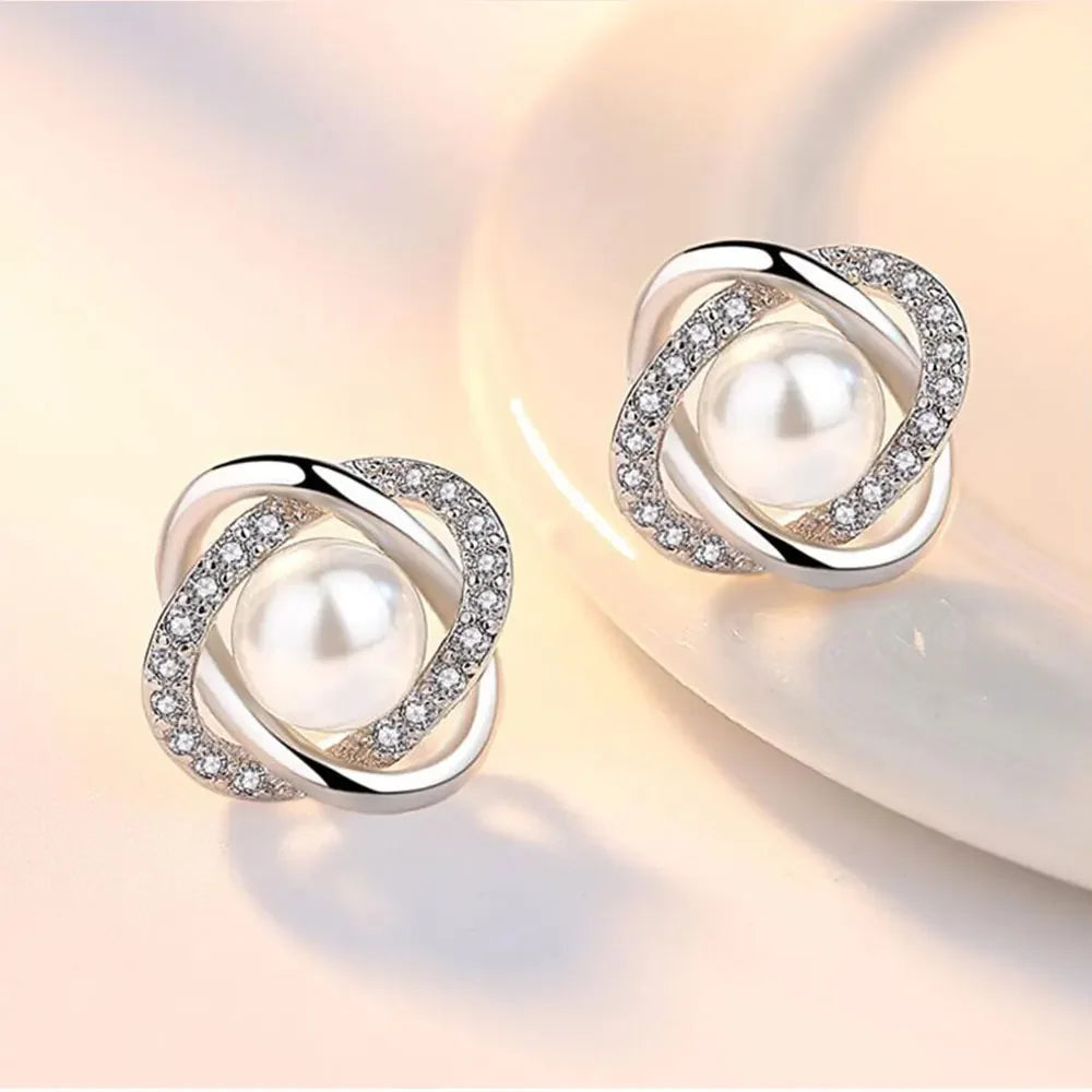 925 Silver Zircon Pearl Twist Stud Earrings