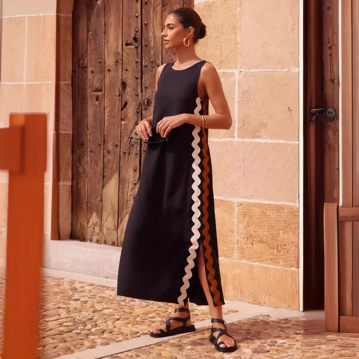 Summer Loose Casual O-neck Sleeveless Split Vintage Midi Dress
