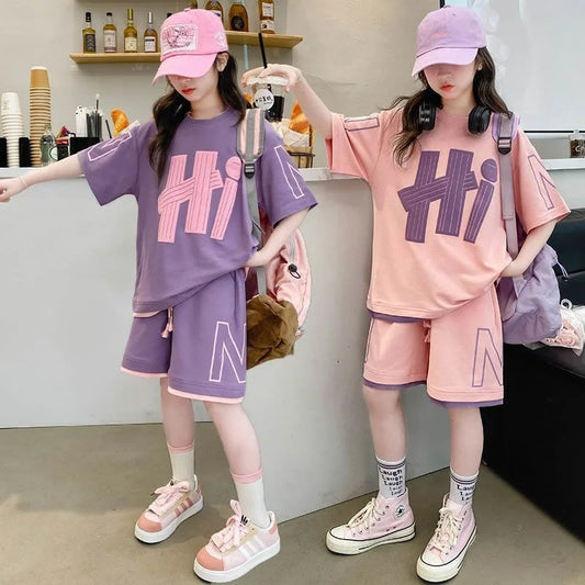 Short Sleeve Teen Loose Casual Letter Print Outfits Set
