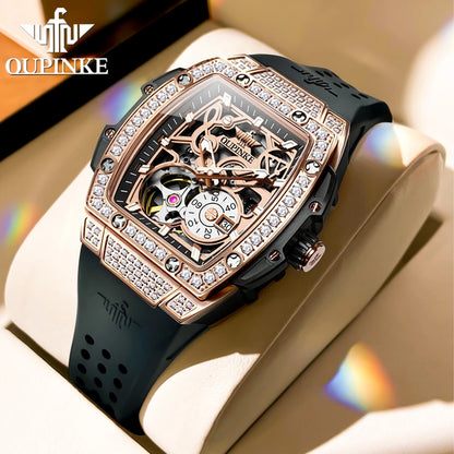 Luxury Skeleton Flywheel Tonneau Dial Automatic Mechanical Diamond Watch