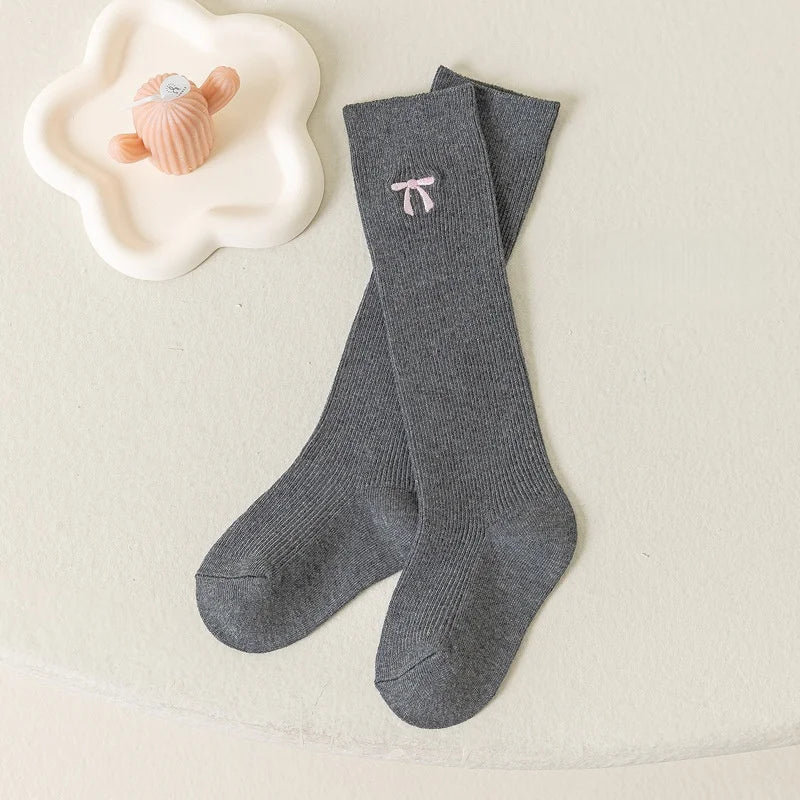 Spring Autumn Girls Knee High Socks Cotton Bow Socks for 3-12Y