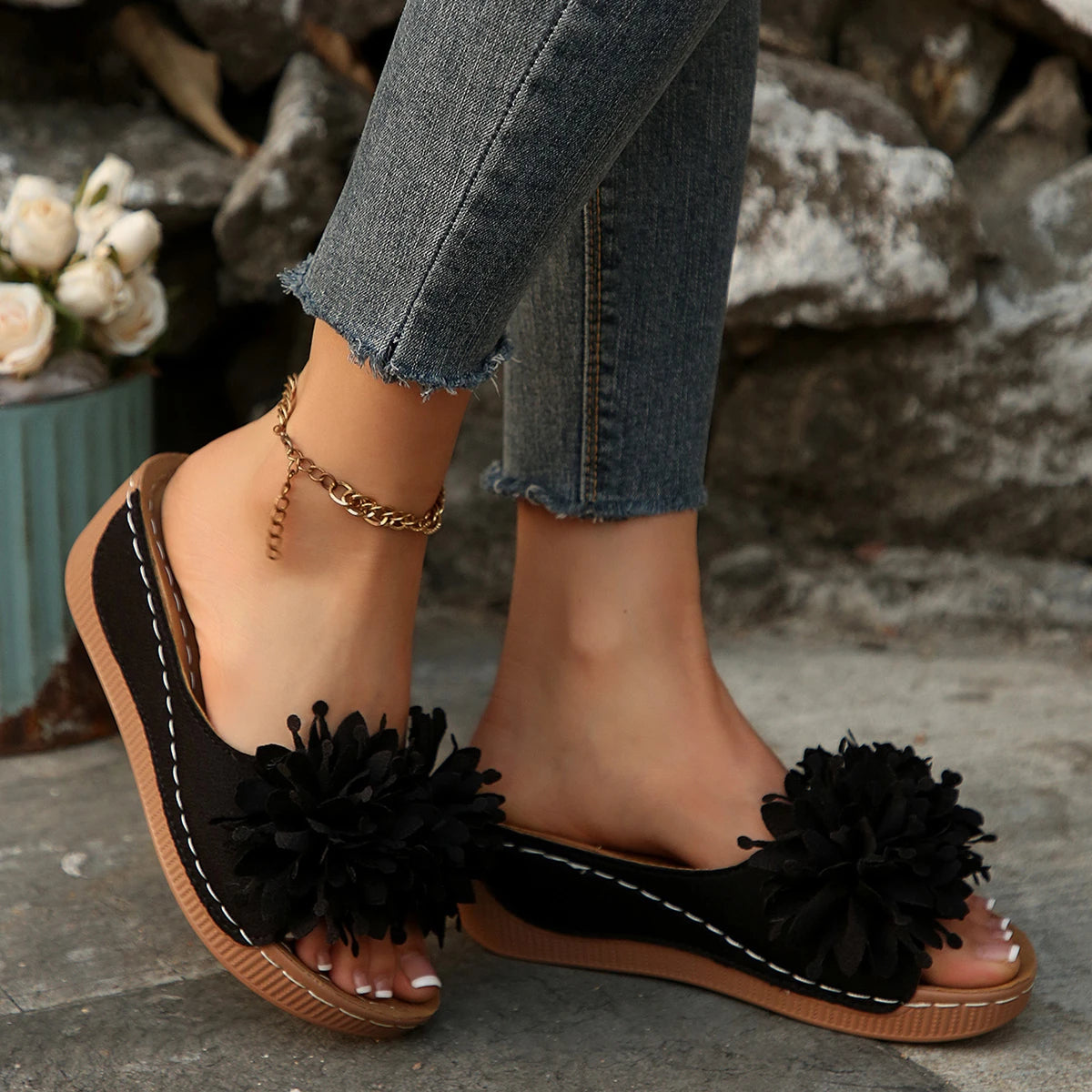 Flower Decoration Wedge Open Toe Slip Sole Sandals