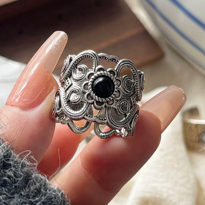 925 Sterling Silver Geometric Adjustable Wide Black Stone Retro Ring