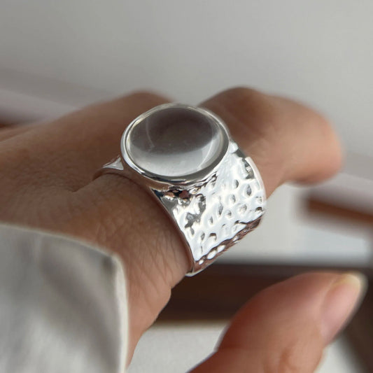 925 Sterling Silver Wide Vintage Big Stone Open Ring