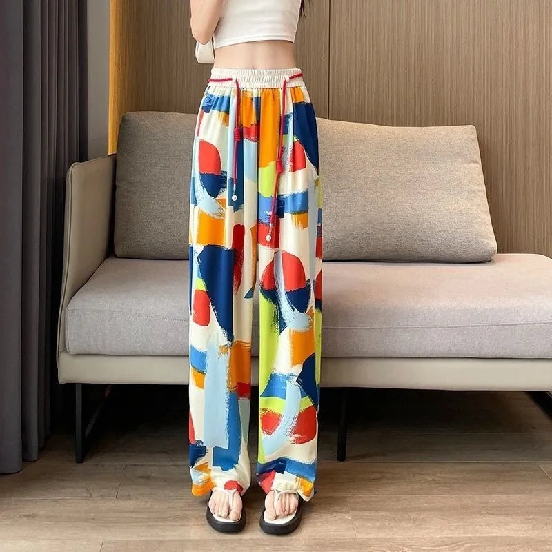 Colorful Graffiti Print Wide Leg Elastic Waist Drawstring Loose Pants