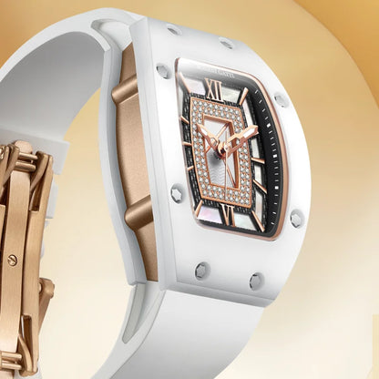 Automatic Ceramic Case Diamond Dial Silicone Strap Waterproof Wristwatch