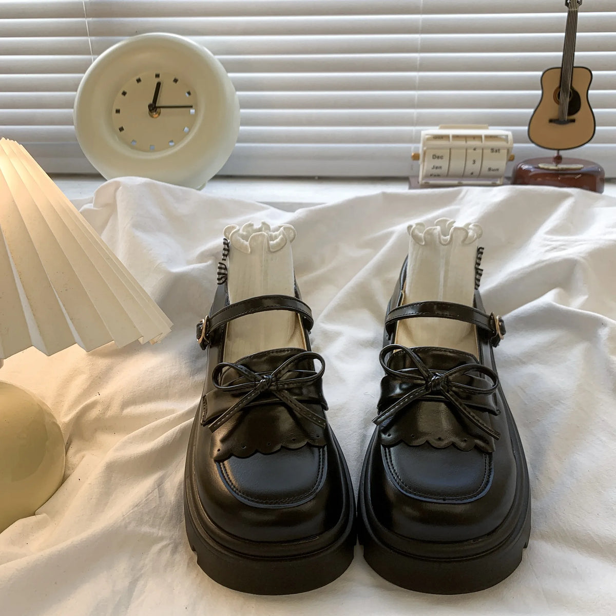 Black Leather Mary Janes Bow Thick Sole Casual Toddler Shoes