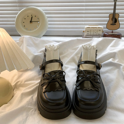 Black Leather Mary Janes Bow Thick Sole Casual Toddler Shoes