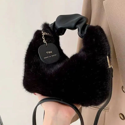 Faux Fur Plush Ruched Handle Small Shoulder Crossbody Bag
