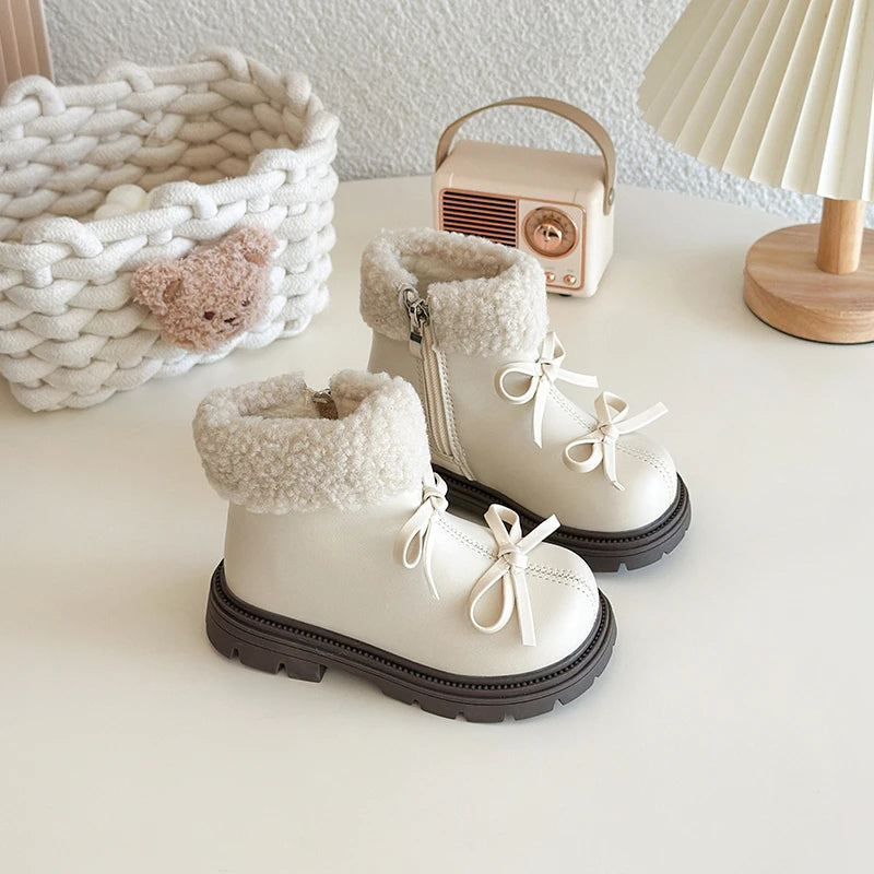 Round Toe Cute Bow Zipper Short Warm Snow Boots