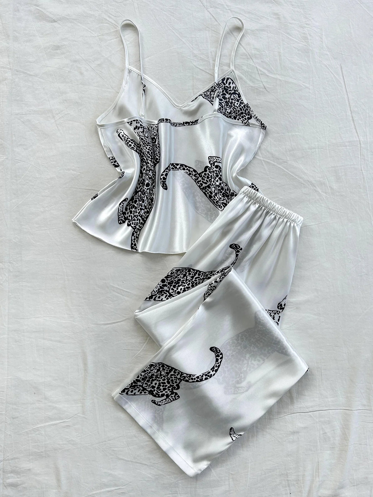 V Neck Leopard Print Suspender Long Pants Pajama Set