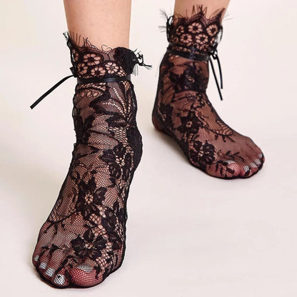 Black Hollow Transparent Lace Stockings Pure Cotton Japanese Fleece Socks