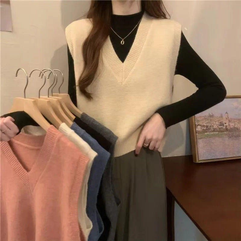 V-neck Knitted Vest Vintage Sleeveless Sweater Waistcoat Korean Chic