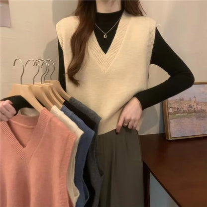 V-neck Knitted Vest Vintage Sleeveless Sweater Waistcoat Korean Chic