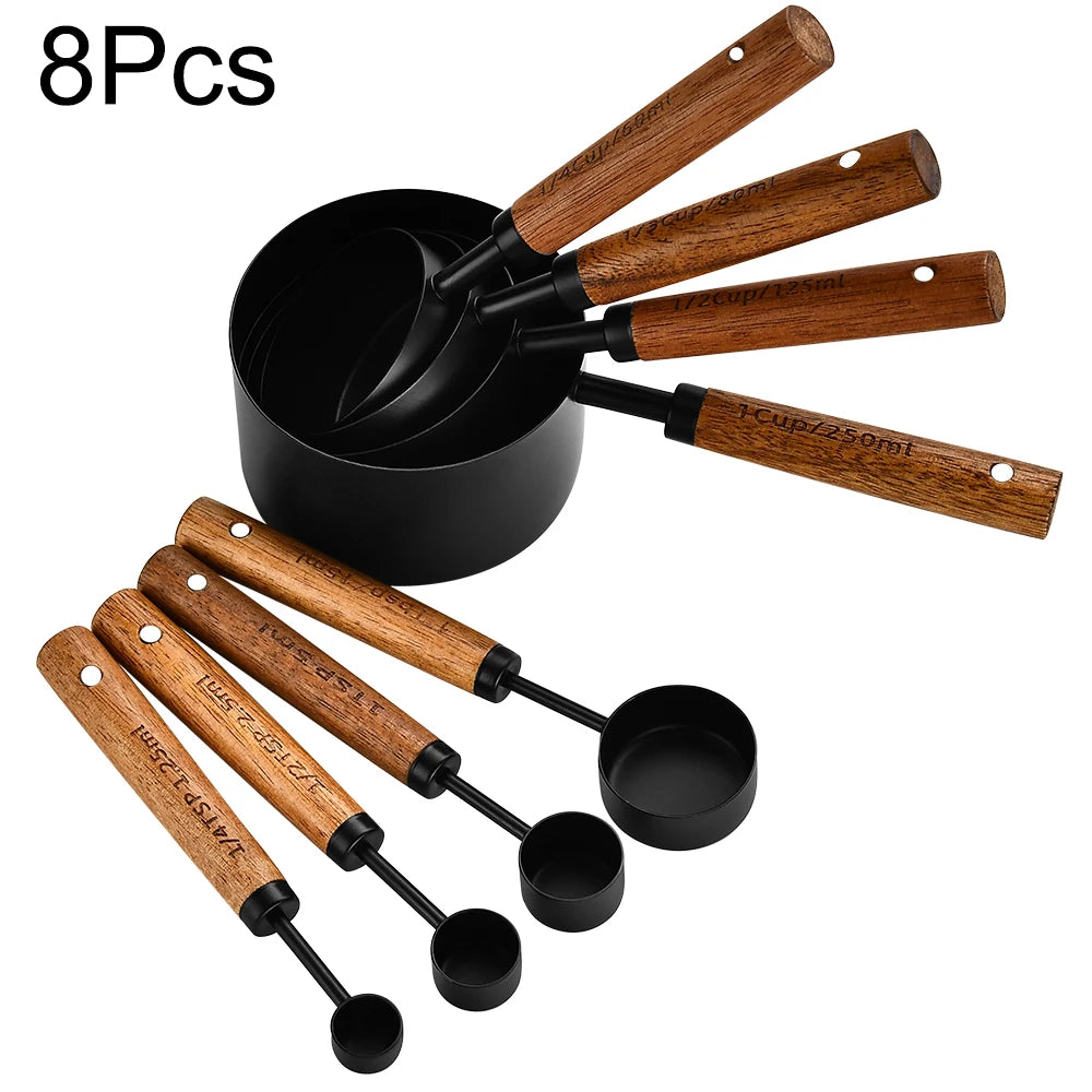 Wooden Handle Stainless Steel Measuring Cups Spoons