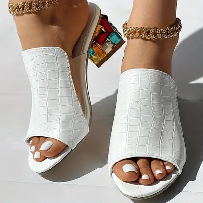 Crystal Open Toe Square Heels Slippers