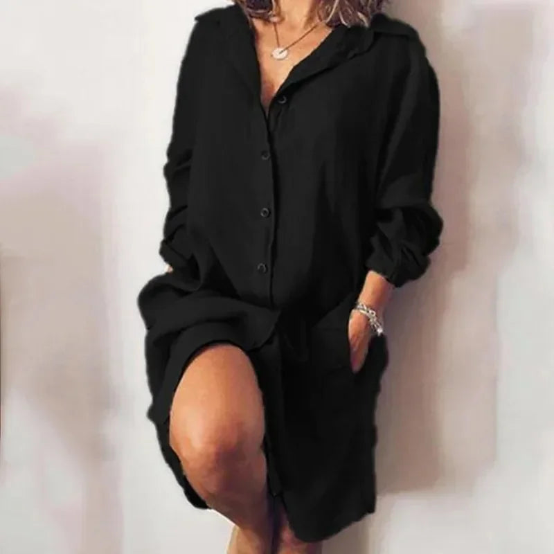 Elegant Cotton Commuting Style Flip Collar Single Breasted Dress