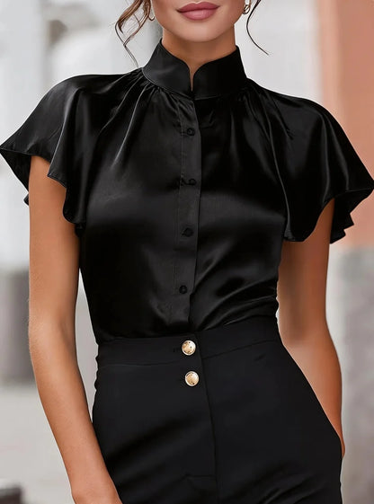 Short Sleeve Satin Blouse Stand Collar Ruffle Shirt