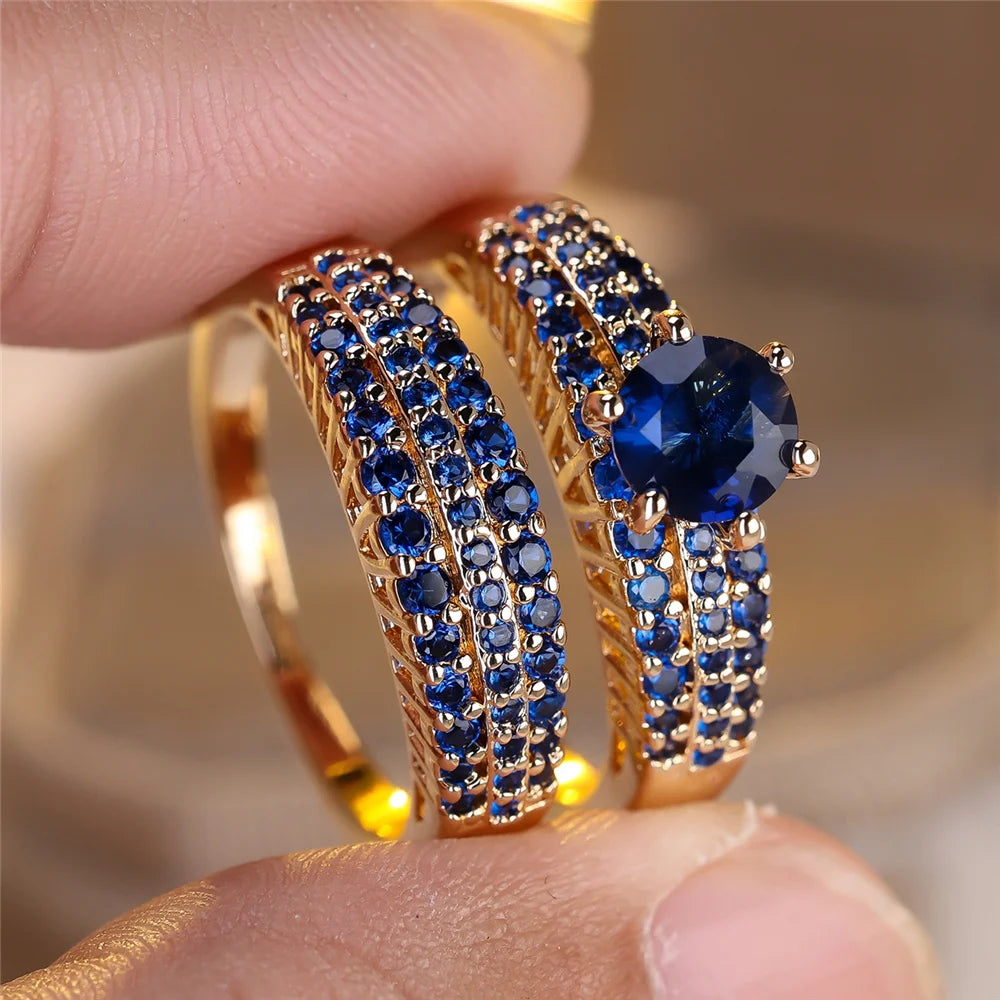 Crystal Purple Black Blue Zircon Round Stone Ring Set