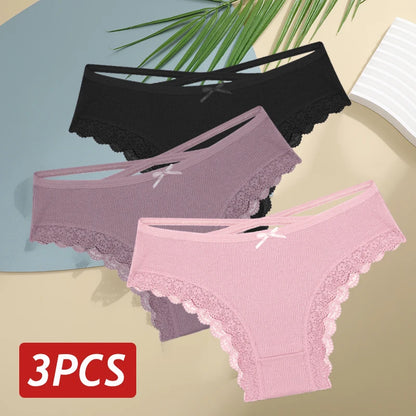 3PCS/Set Cotton Sexy Low Rise Lace Brazilian Panties S-XL