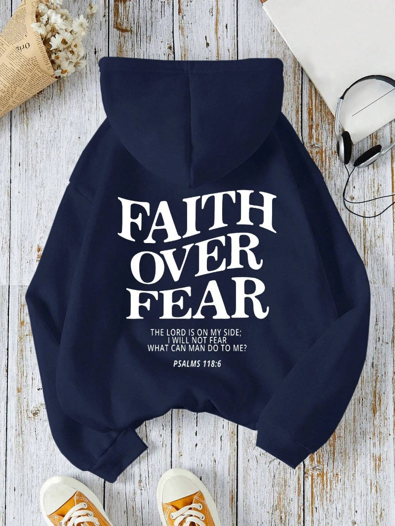 Casual Hoodies Faith Over Fear Letter Printing Sweatshirts Pocket Pullovers
