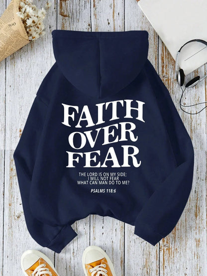 Casual Hoodies Faith Over Fear Letter Printing Sweatshirts Pocket Pullovers