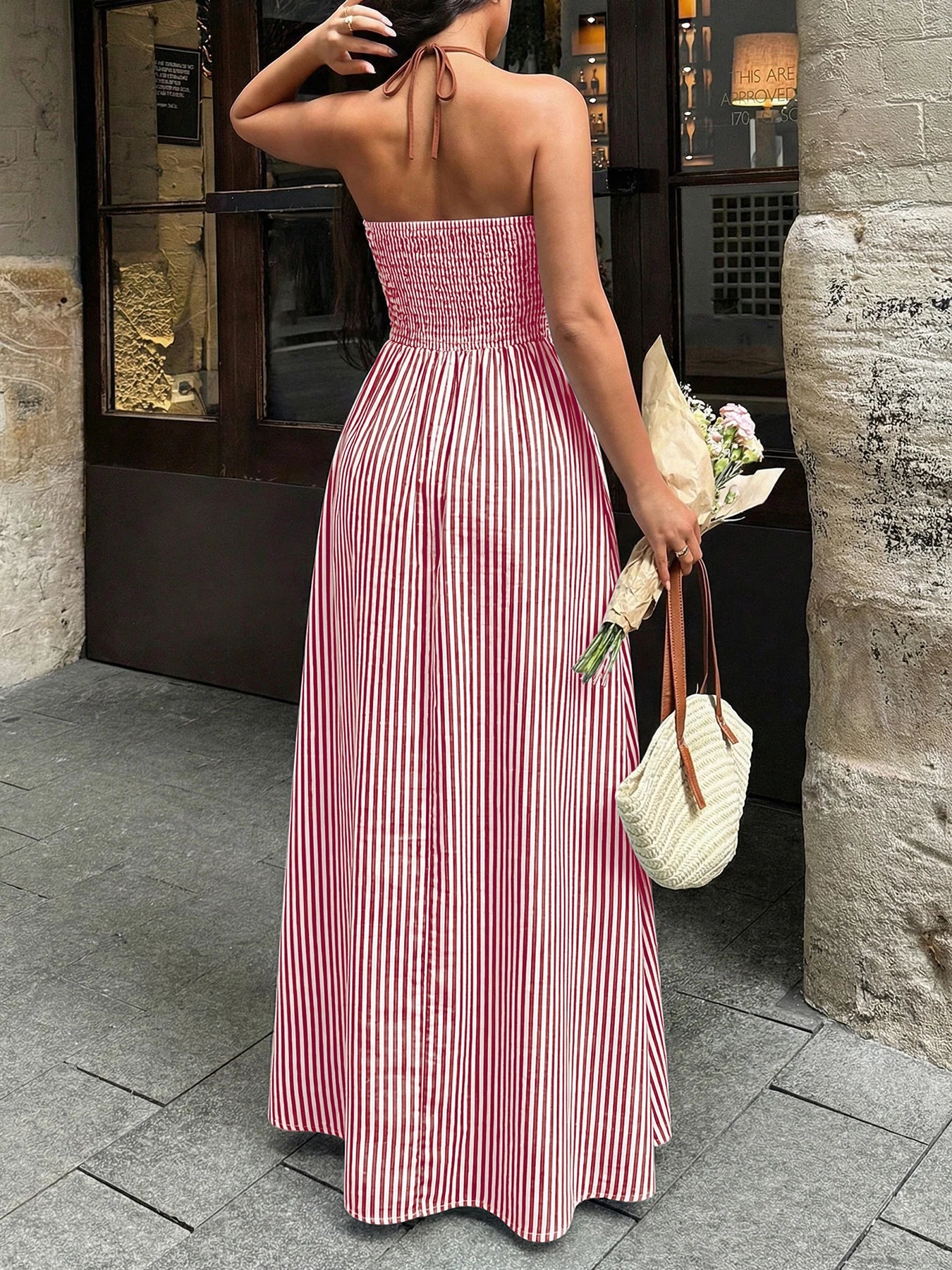Deep V-neck Striped Sexy Backless Sleeveless Neckline Long Dress