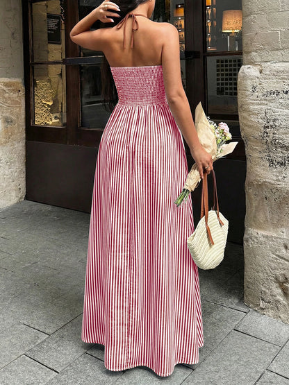 Deep V-neck Striped Sexy Backless Sleeveless Neckline Long Dress